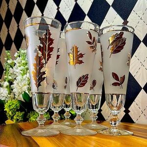 Vintage Libbey 22k Gold Maple Foliage Pilsner Glasses Set of 6| Mid Century Bar